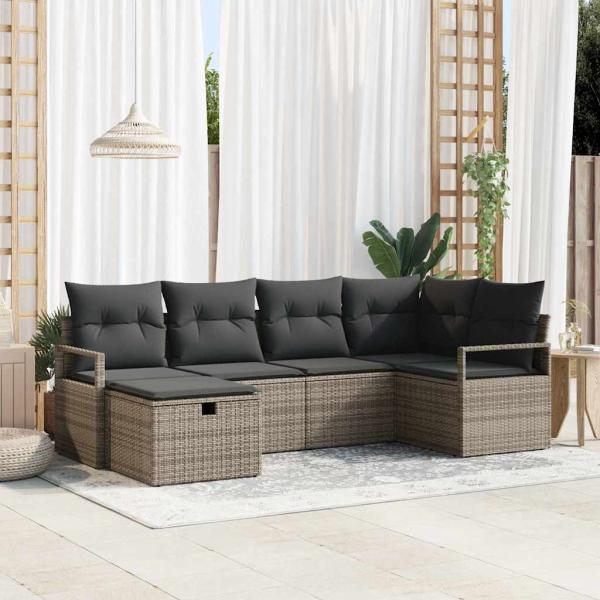 ARDEBO.de - 6-teiliges Garten Sofa Set mit Kissen Grau Poly Rattan, 2-Sitzer Garten Sofa mit Stauraum & Kissen Grau Poly Rattan
