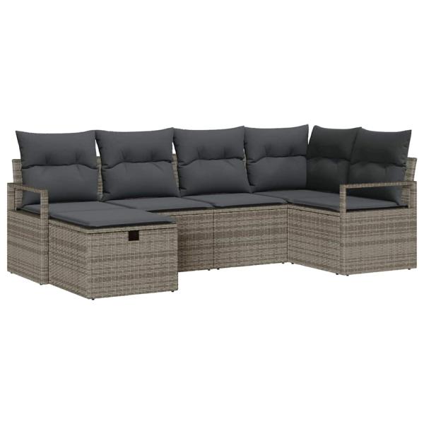 6-teiliges Garten Sofa Set mit Kissen Grau Poly Rattan, 2-Sitzer Garten Sofa mit Stauraum & Kissen Grau Poly Rattan