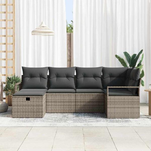 6-teiliges Garten Sofa Set mit Kissen Grau Poly Rattan, 2-Sitzer Garten Sofa mit Stauraum & Kissen Grau Poly Rattan