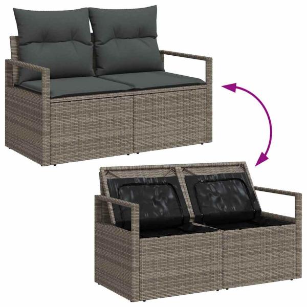 6-teiliges Garten Sofa Set mit Kissen Grau Poly Rattan, 2-Sitzer Garten Sofa mit Stauraum & Kissen Grau Poly Rattan