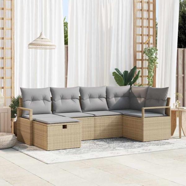 ARDEBO.de - 6-teiliges Garten Sofa Set mit Kissen Beiger Poly Rattan, 2-Sitzer Garten Sofa mit Stauraum& Kissen Beiger Poly Rattan