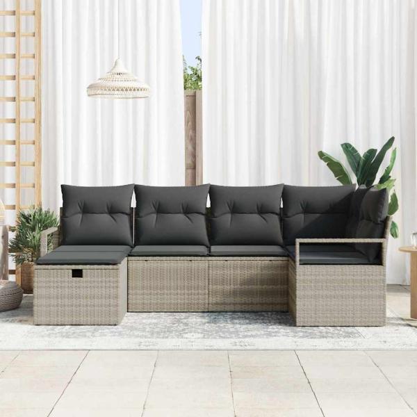 6-teiliges Garten-Sofa-Set mit Kissen Hellgraues Poly-Rattan, 2-Sitzer Garten-Sofa mit Stauraum & Kissen Grau Poly-Rattan