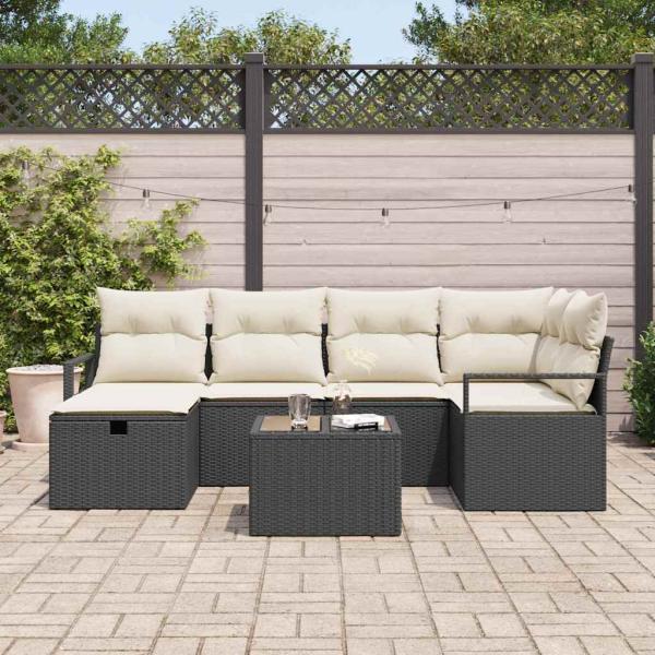 7-teiliges Garten-Sofa-Set mit Kissen Schwarzes Poly-Rattan, 2-Sitzer Garten-Sofa mit Stauraum & Kissen Schwarzes Poly-Rattan