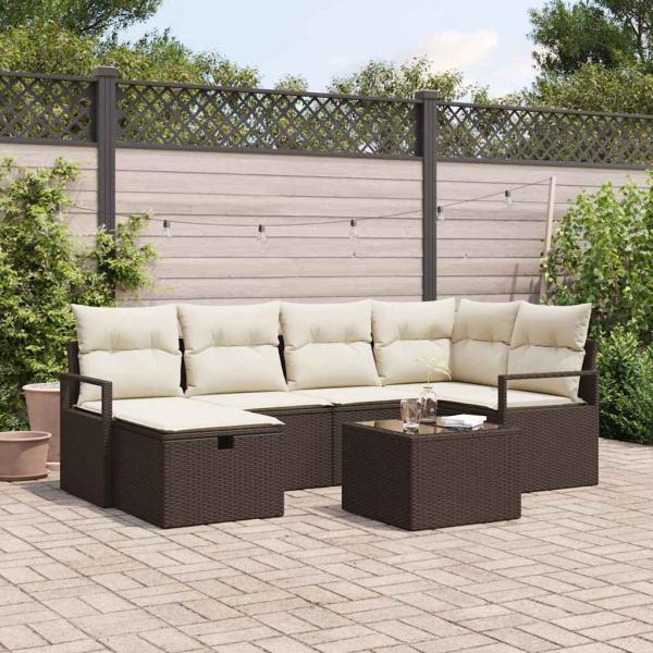 ARDEBO.de - 7-teiliges Garten Sofa Set mit Kissen Braun Poly Rattan, 2-Sitzer Garten Sofa mit Stauraum & Kissen Braun Poly Rattan