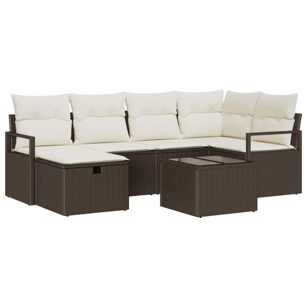 7-teiliges Garten Sofa Set mit Kissen Braun Poly Rattan, 2-Sitzer Garten Sofa mit Stauraum & Kissen Braun Poly Rattan