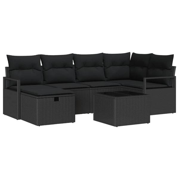 7-teiliges Garten-Sofa-Set mit Kissen Schwarz Poly Rattan, 2-Sitzer Garten-Sofa mit Stauraum & Kissen Schwarz Poly Rattan