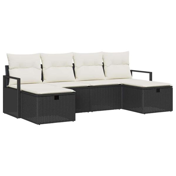 6-teiliges Garten-Sofa-Set mit Kissen Schwarz Poly Rattan, 2-Sitzer Garten-Sofa mit Stauraum & Kissen Schwarz Poly Rattan