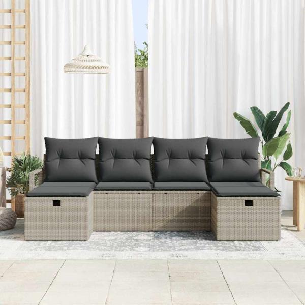 6-teiliges Garten-Sofaset mit Kissen Hellgrau Poly-Rattan, 2-Sitzer Garten-Sofa mit Stauraum & Kissen Grau Poly-Rattan