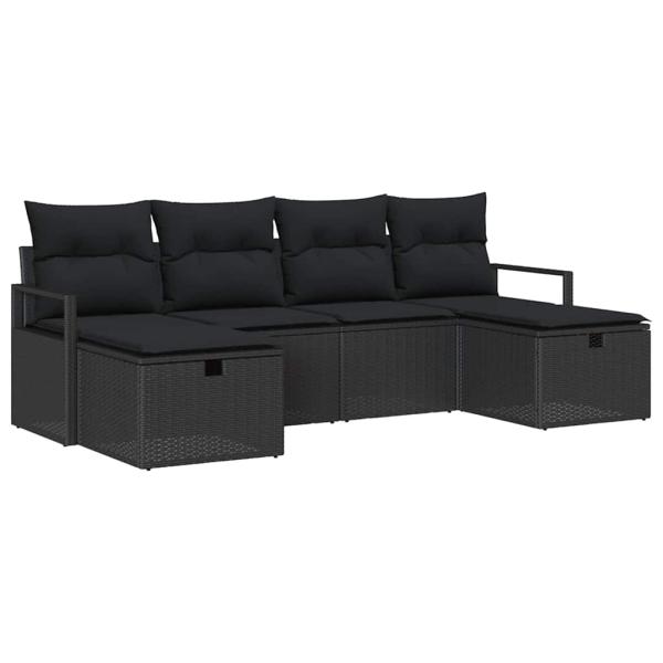 6-teiliges Garten Sofa Set mit Kissen Schwarz Poly Rattan, 2-Sitzer Garten Sofa mit Stauraum & Kissen Schwarz Poly Rattan