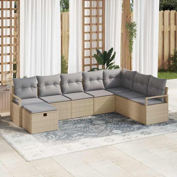 ARDEBO.de - 8-teiliges Garten-Sofa-Set mit Kissen in Beige aus Poly Rattan, 2-sitziges Garten-Sofa mit Stauraum und Kissen in Beige aus Poly Rattan