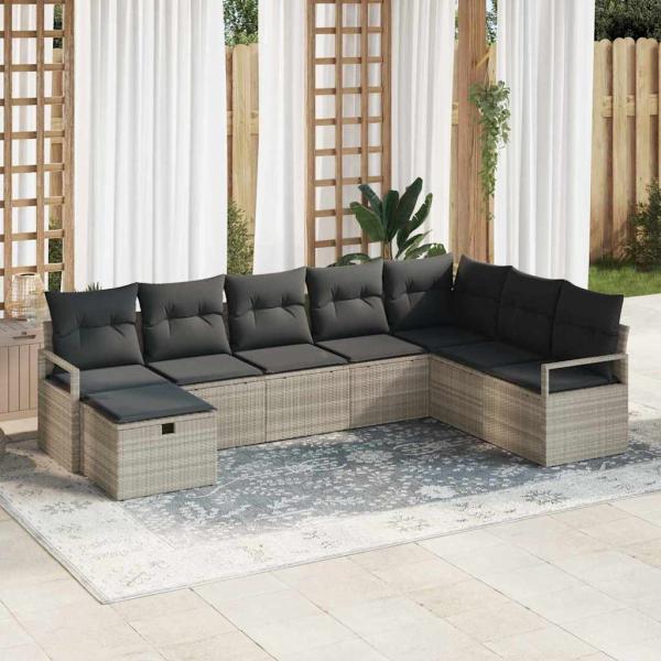 ARDEBO.de - 8-teiliges Garten-Sofa-Set mit Kissen Hellgraues Poly-Rattan, 2-Sitzer Garten-Sofa mit Stauraum & Kissen Graues Poly-Rattan