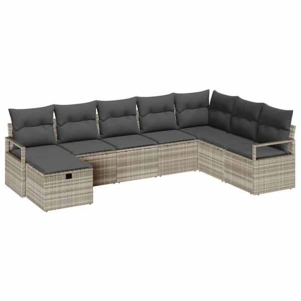 8-teiliges Garten-Sofa-Set mit Kissen Hellgraues Poly-Rattan, 2-Sitzer Garten-Sofa mit Stauraum & Kissen Graues Poly-Rattan