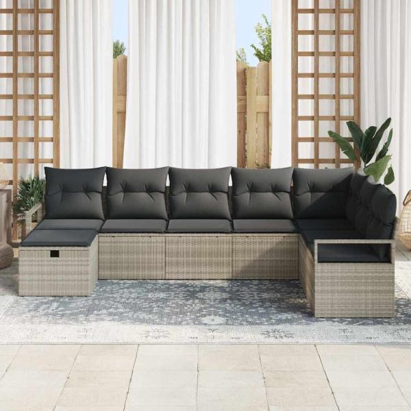 8-teiliges Garten-Sofa-Set mit Kissen Hellgraues Poly-Rattan, 2-Sitzer Garten-Sofa mit Stauraum & Kissen Graues Poly-Rattan
