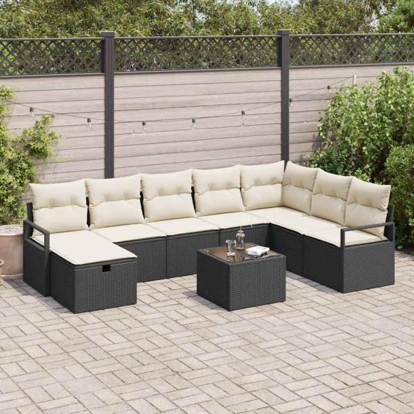 ARDEBO.de - 9-teiliges Garten Sofaset mit Kissen Schwarz Poly Rattan, 2-Sitzer Garten Sofa mit Stauraum & Kissen Schwarz Poly Rattan