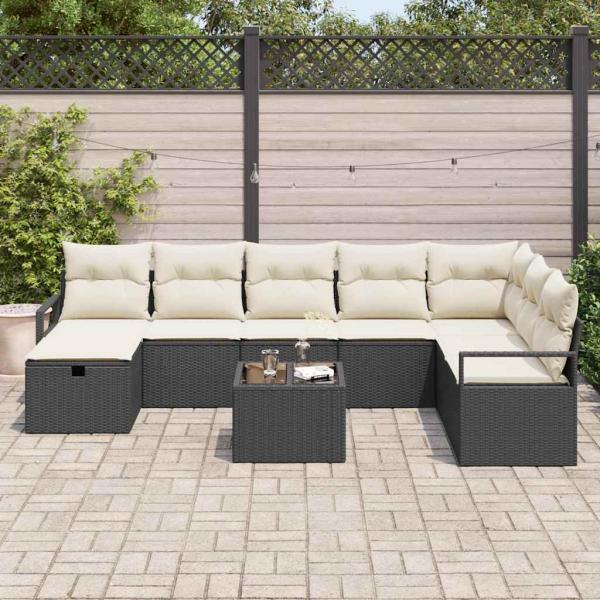 9-teiliges Garten Sofaset mit Kissen Schwarz Poly Rattan, 2-Sitzer Garten Sofa mit Stauraum & Kissen Schwarz Poly Rattan