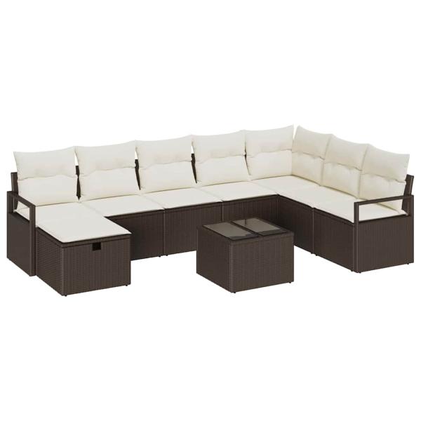 9-teiliges Garten Sofa Set mit Kissen Braun Poly Rattan, 2-Sitzer Garten Sofa mit Stauraum & Kissen Braun Poly Rattan