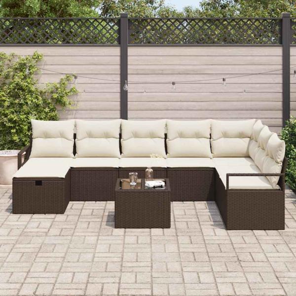 9-teiliges Garten Sofa Set mit Kissen Braun Poly Rattan, 2-Sitzer Garten Sofa mit Stauraum & Kissen Braun Poly Rattan