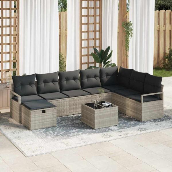 ARDEBO.de - 9-teiliges Garten-Sofa-Set mit Kissen in Hellgrau Poly-Rattan, 2-Sitzer Garten-Sofa mit Stauraum und Kissen Grau Poly-Rattan