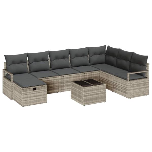 9-teiliges Garten-Sofa-Set mit Kissen in Hellgrau Poly-Rattan, 2-Sitzer Garten-Sofa mit Stauraum und Kissen Grau Poly-Rattan