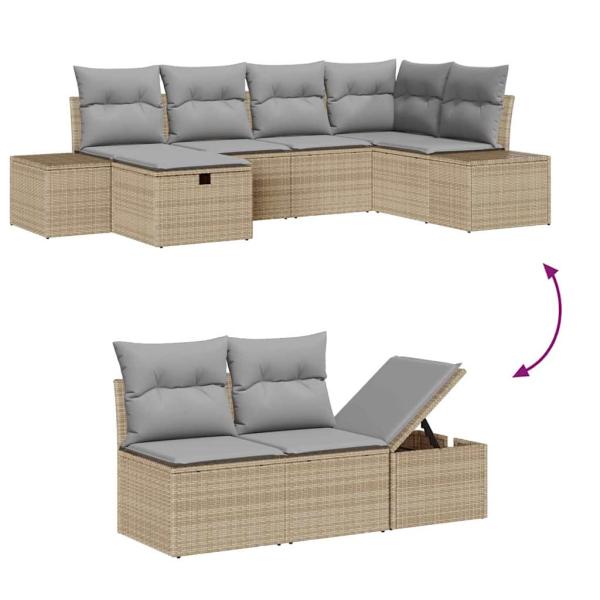 6-teiliges Garten-Sofa-Set mit Kissen Beige Poly-Rattan