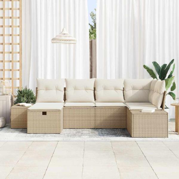 6-teiliges Garten Sofa Set mit Kissen Beige Poly Rattan