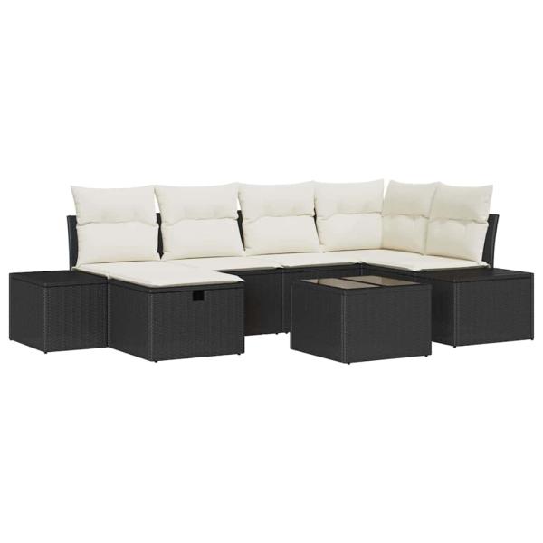 7-teiliges Garten Sofa Set mit Kissen Schwarz Poly Rattan