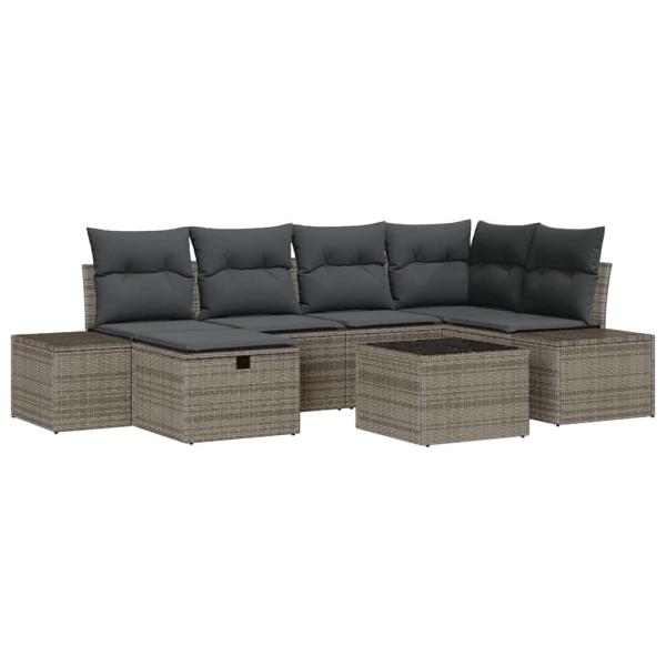 7-teiliges Garten-Sofa-Set mit Kissen Grau Poly Rattan