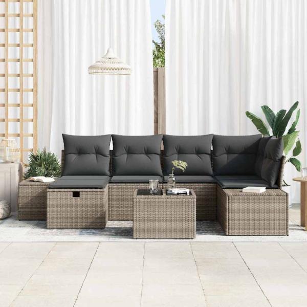 7-teiliges Garten-Sofa-Set mit Kissen Grau Poly Rattan