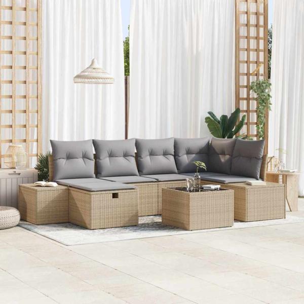ARDEBO.de - 7-teiliges Garten Sofa Set mit Kissen Beige Poly Rattan
