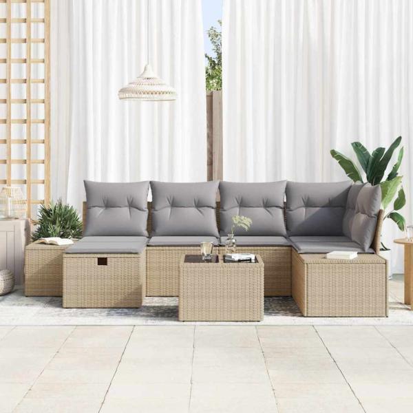 7-teiliges Garten Sofa Set mit Kissen Beige Poly Rattan