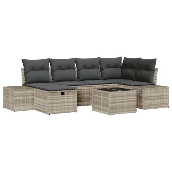 7-teiliges Garten-Sofa-Set mit Kissen aus hellgrauem Poly-Rattan