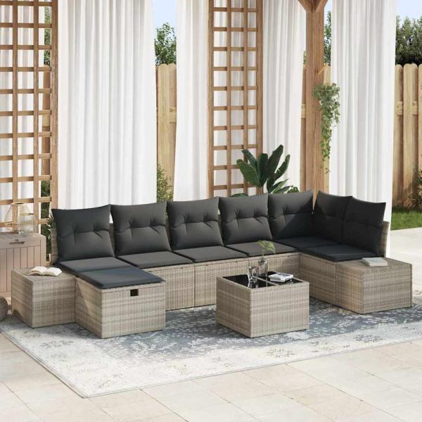 ARDEBO.de - 8-teiliges Garten Sofa Set mit Kissen in Hellgrau, Poly Rattan