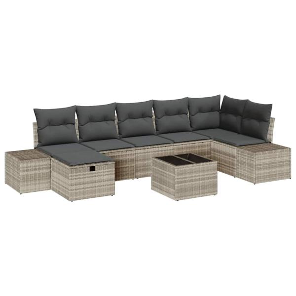 8-teiliges Garten Sofa Set mit Kissen in Hellgrau, Poly Rattan