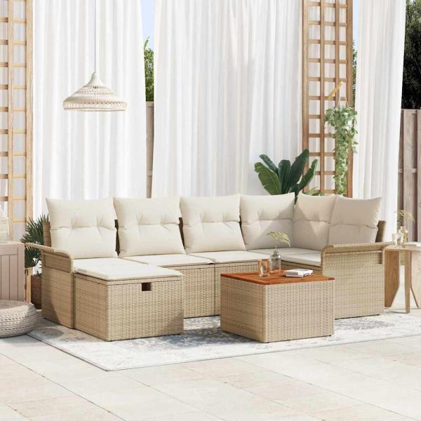 ARDEBO.de - 7-teiliges Garten Sofa Set mit Kissen Beige Poly Rattan, 2-Sitzer Garten Sofa mit Stauraum & Kissen Beige Poly Rattan