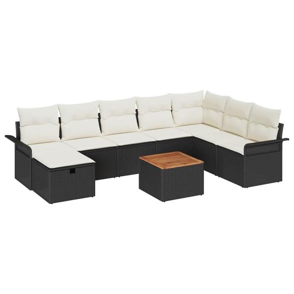 9-teiliges Garten-Sofa-Set mit Kissen Schwarz Poly Rattan, 2-Sitzer Garten-Sofa mit Stauraum & Kissen Schwarz Poly Rattan