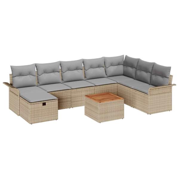 ARDEBO.de - 9-teilige Garten-Sofa-Set mit Kissen Beige Poly Rattan, 2-Sitzer Garten-Sofa mit Stauraum & Kissen Beige Poly Rattan