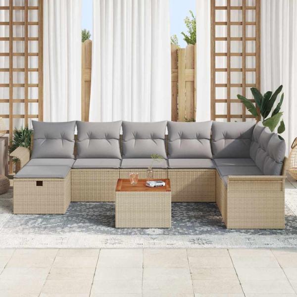 9-teilige Garten-Sofa-Set mit Kissen Beige Poly Rattan, 2-Sitzer Garten-Sofa mit Stauraum & Kissen Beige Poly Rattan