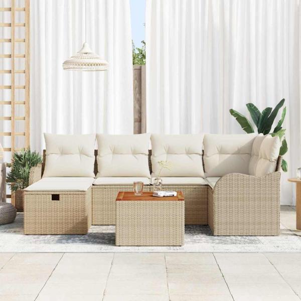 7-teiliges Gartensofa-Set mit Kissen Beige Poly-Rattan, 2-Sitzer Gartensofa mit Stauraum & Kissen Beige Poly-Rattan