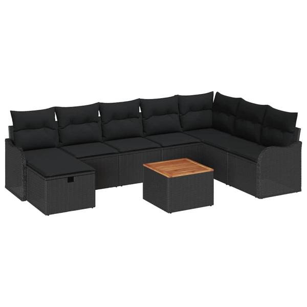 ARDEBO.de - 9-teiliges Garten Sofa Set mit Kissen Schwarz Poly Rattan, 2-Sitzer Garten Sofa mit Stauraum & Kissen Schwarz Poly Rattan