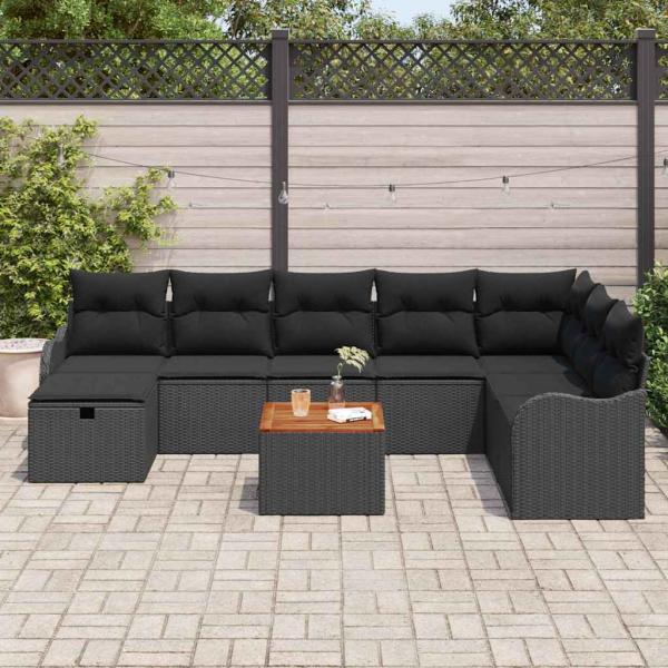 9-teiliges Garten Sofa Set mit Kissen Schwarz Poly Rattan, 2-Sitzer Garten Sofa mit Stauraum & Kissen Schwarz Poly Rattan