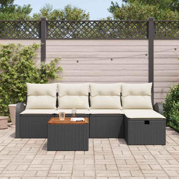 6-teilige Garten Sofa Set mit Kissen, Schwarz Poly Rattan, 2-Sitzer Garten Sofa mit Stauraum & Kissen, Schwarz Poly Rattan
