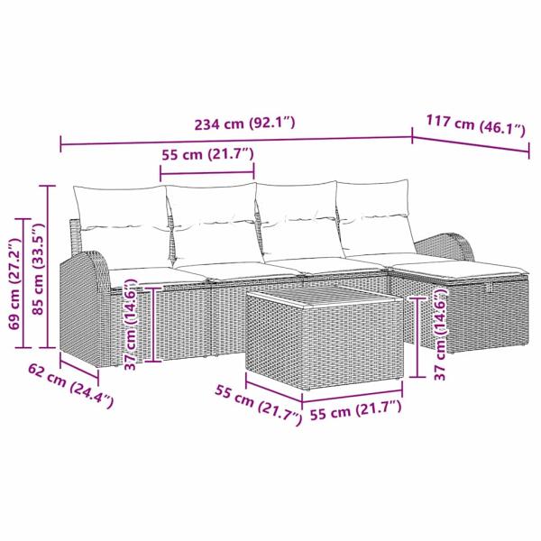 6-teiliges Garten Sofaset mit Kissen Grau Poly Rattan, 2-Sitzer Garten Sofa mit Stauraum & Kissen Grau Poly Rattan