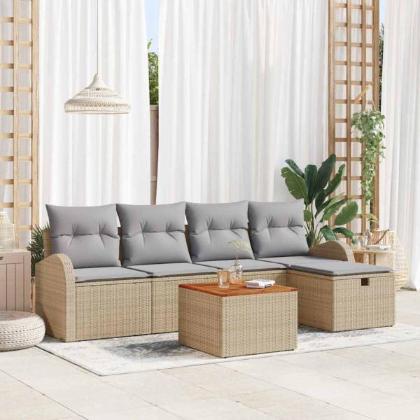 ARDEBO.de - 6-teiliges Garten-Sofa-Set mit Kissen Beige Poly Rattan, 2-Sitzer Garten-Sofa mit Stauraum & Kissen Beige Poly Rattan