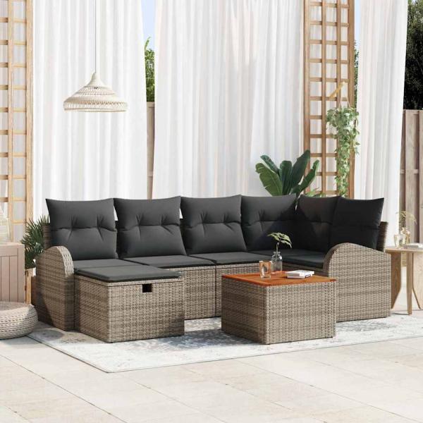 ARDEBO.de - 7-teiliges Garten-Sofa-Set mit Kissen Grau Poly-Rattan, 2-Sitzer-Garten-Sofa mit Stauraum & Kissen Grau Poly-Rattan