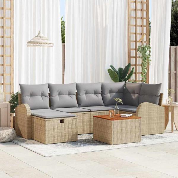 ARDEBO.de - 7-teiliges Garten-Sofa-Set mit Kissen beige Poly-Rattan, 2-Sitzer Garten-Sofa mit Stauraum & Kissen beige Poly-Rattan