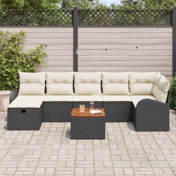 8-teiliges Garten Sofa Set mit Kissen Schwarz Poly Rattan, 2-Sitzer Garten Sofa mit Stauraum & Kissen Schwarz Poly Rattan