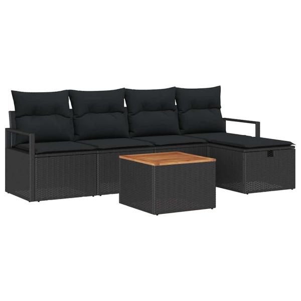 6-teiliges Garten Sofa Set mit Kissen Schwarz Poly Rattan, 2-Sitzer Garten Sofa mit Stauraum & Kissen Schwarz Poly Rattan