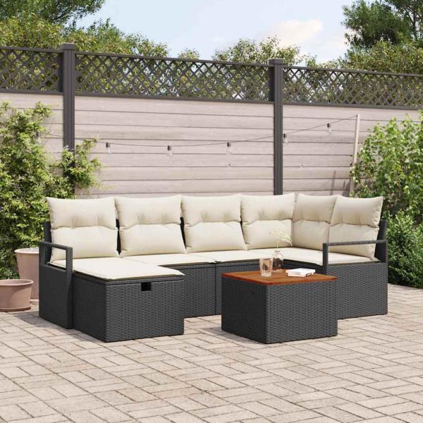 ARDEBO.de - 7-teiliges Garten Sofa Set mit Kissen Schwarz Poly Rattan, 2-Sitzer Garten Sofa mit Stauraum & Kissen Schwarz Poly Rattan