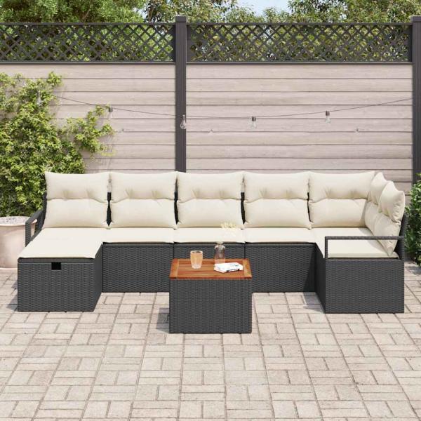 8-teiliges Garten Sofa Set mit Kissen Schwarz Poly Rattan, 2-Sitzer Garten Sofa mit Stauraum & Kissen Schwarz Poly Rattan