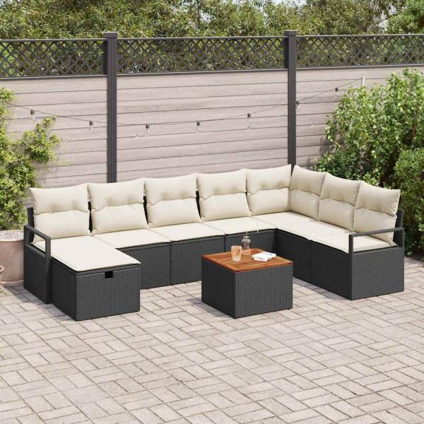 ARDEBO.de - 9-teiliges Garten Sofa Set mit Kissen schwarzes Poly Rattan, 2-Sitzer Garten Sofa mit Stauraum & Kissen schwarzes Poly Rattan